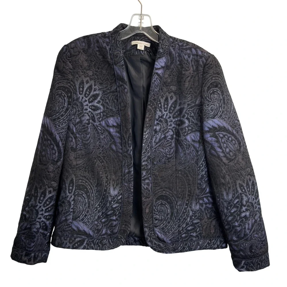 Coldwater Creek Womens Navy Blue Black Paisley Brocade Open‎ Front Jacket S 6-8